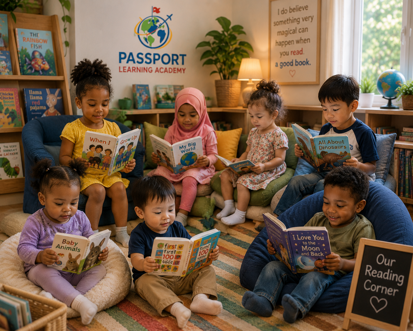 The Passport cohort of six young explorers reading picture books together in the Reading Corner, beneath the Passport Learning Academy banner
