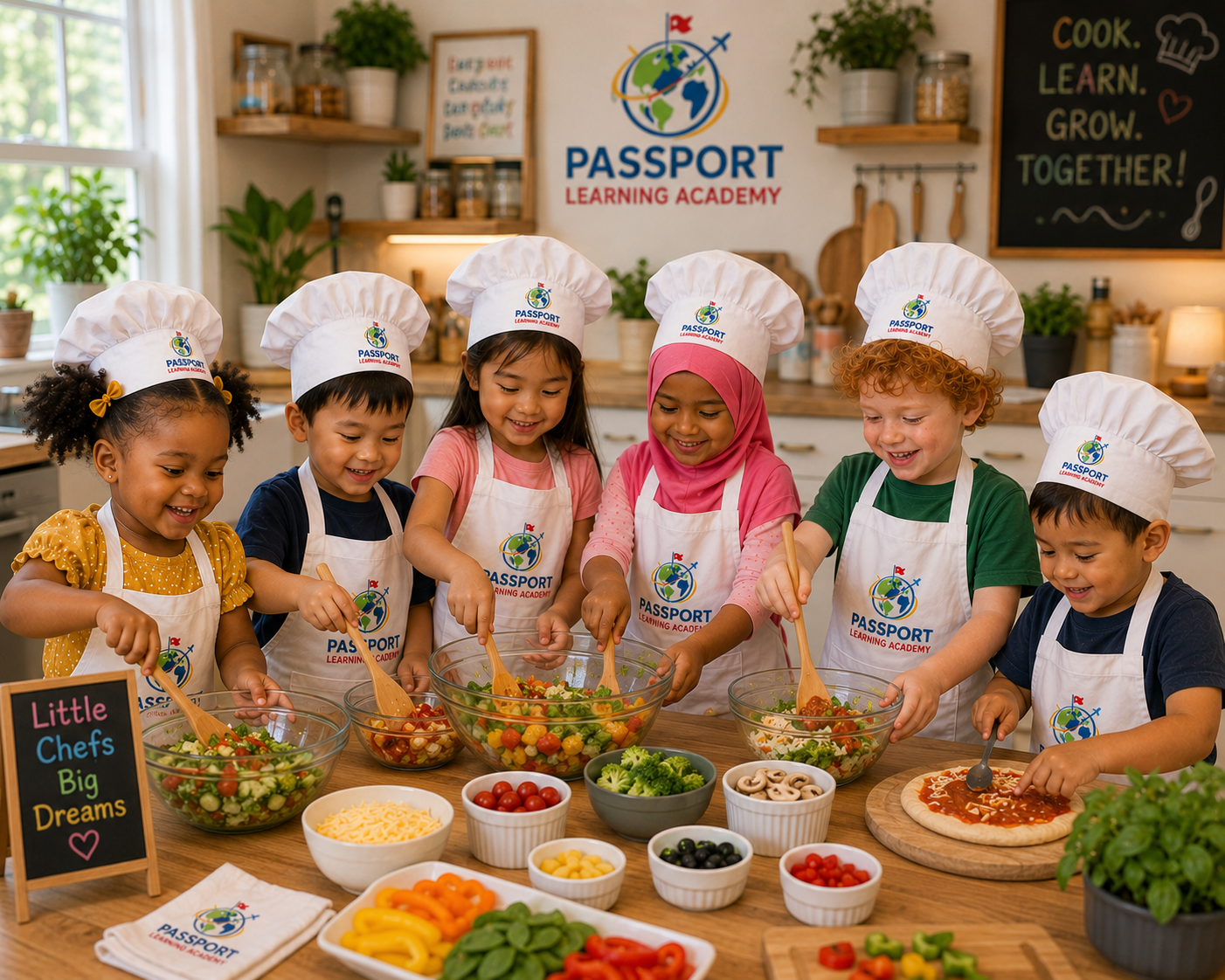Six young Passport chefs in aprons and chef hats making fresh salads and building pizzas together at a colorful kitchen table, beneath the Passport Learning Academy banner and a "Little Chefs, Big Dreams" chalkboard
